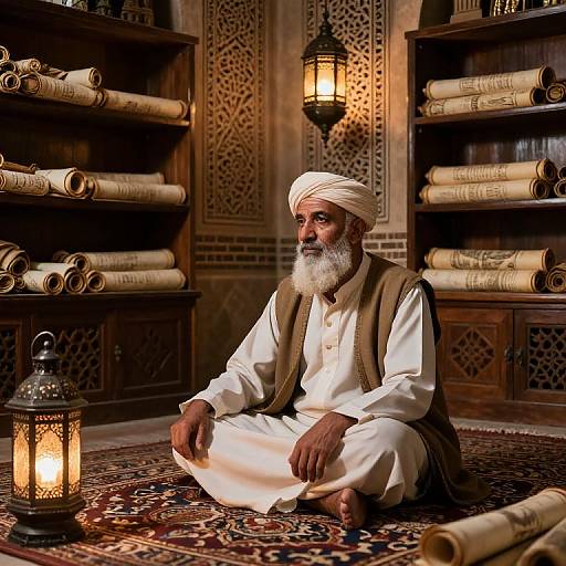 Photograph: Elder Indian man with white beard, turban, white traditional outfit, sitting on ornate rug, surrounded by rolled parchments, wooden