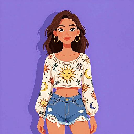 Boho-Chic Woman with Sun and Moon Top