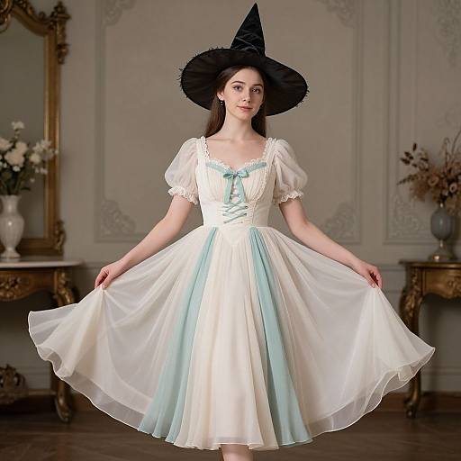 Photograph of a young woman in a white and blue fairy tale-style dress, black witch hat, and ornate room with vintage decor.