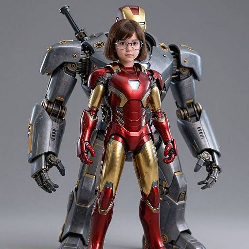 Photorealistic CGI of a young woman with glasses in a red and gold Iron Man suit, standing confidently in front of a larger, gray and gold
