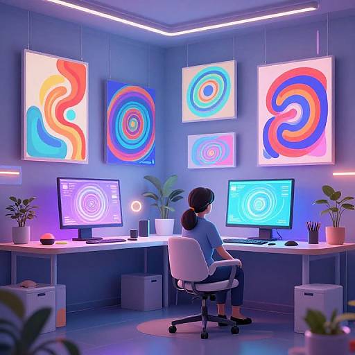 Photograph of a modern, illuminated office with a woman in a blue shirt, working on dual monitors, surrounded by colorful abstract wall art.