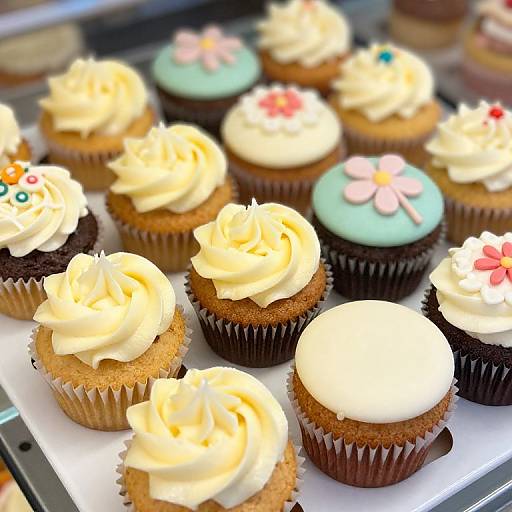 Photograph of a tray of decorated cupcakes with white or green frosting, some topped with flowers, arranged closely together.