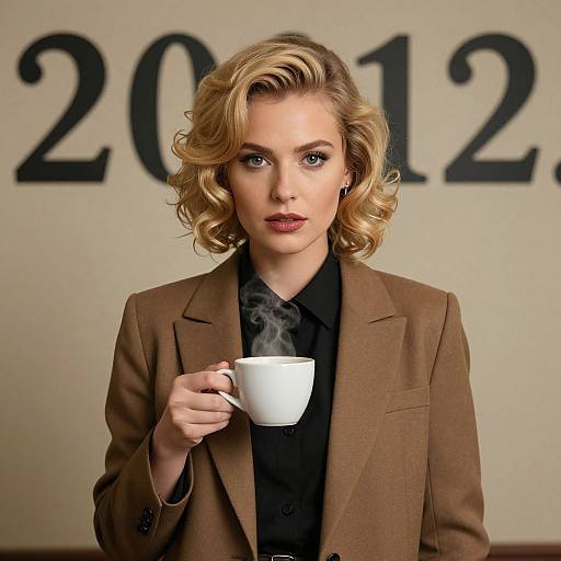 Photograph of a blonde woman with curled hair, wearing a brown blazer over a black shirt, holding a steaming white cup, with 