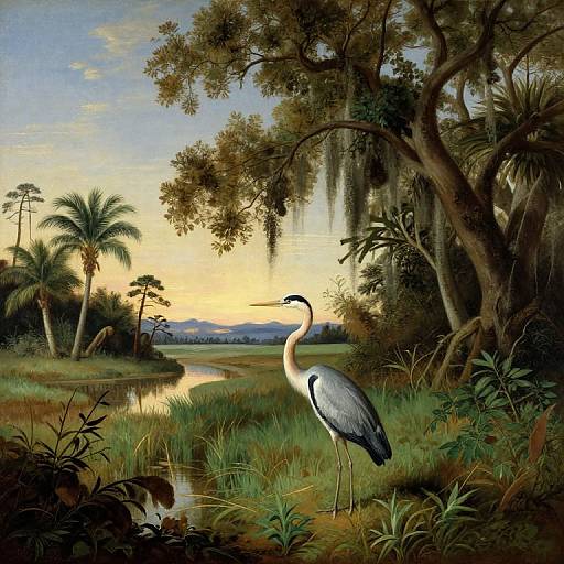 Detailed painting of a white and gray heron standing in a lush, tropical marsh with palm trees, sunset sky, and reflective water.