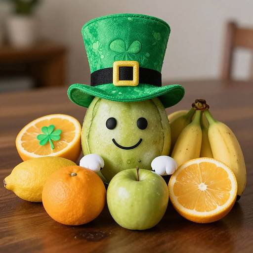 Photograph of a green fruit hat with black eyes, smile, and white mittens, surrounded by oranges, bananas, and an apple on a wooden