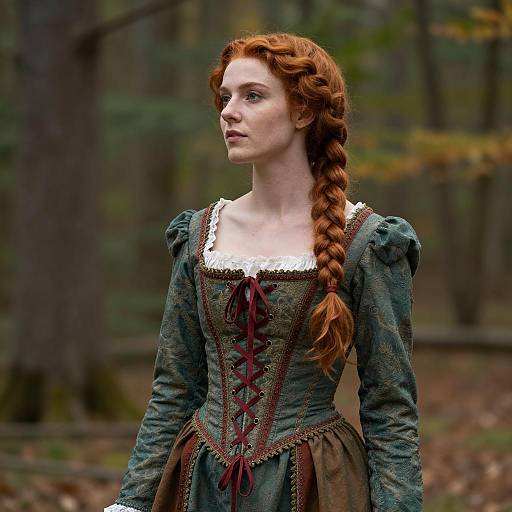 Red-Haired Woman in Renaissance Dress in Forest