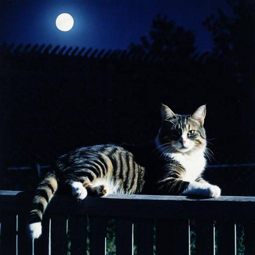 Tabby Cat Resting on Fence Under Full Moon