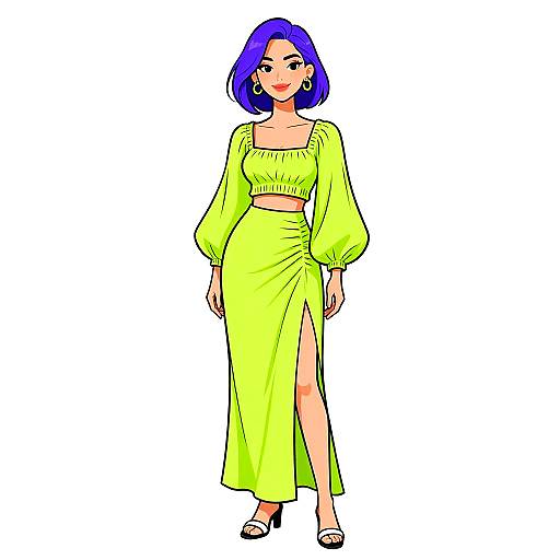Digital illustration of a confident woman with blue bob haircut, wearing a neon yellow, long-sleeve, midriff-baring dress with a high