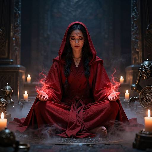 Photorealistic image of a dark-haired woman in a red hooded robe, sitting cross-legged, conjuring red flames amidst candles and mystical artifacts in