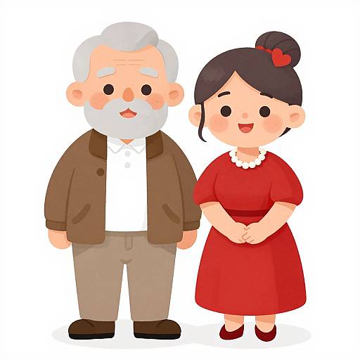 Cartoon illustration of an elderly white-bearded man in brown jacket and beige pants, and a smiling Asian woman with black hair in bun, wearing a