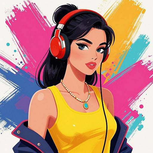 Digital illustration of a beautiful woman with black hair, red headphones, yellow tank top, necklace, and blue jacket, set against a vibrant pink, yellow