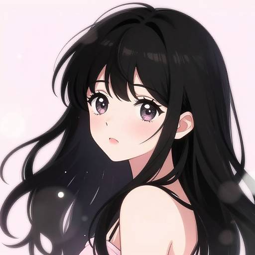 Anime-style digital drawing of a young woman with long black hair, purple eyes, and a surprised expression, looking over her shoulder. White background.