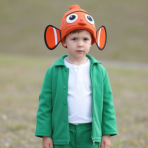 Photograph of a young boy wearing an orange fish hat with black fins, green jacket, and white shirt, standing outdoors on grass.