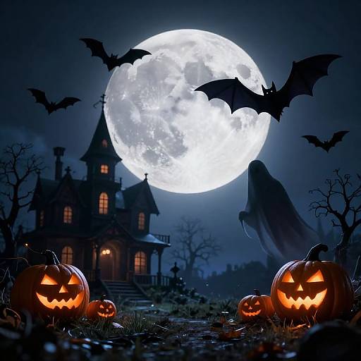Halloween night: full moon, glowing jack-o'-lanterns, haunted house, flying bats, ghost, spooky silhouettes, dark blue