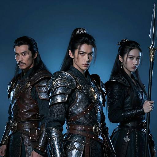 Dramatic Blue-Lit Trio in Armor