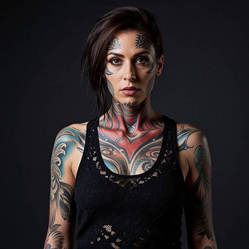 Photograph of a tattooed woman with dark hair, wearing a black sequin tank top, against a dark background, displaying vibrant, intricate body art