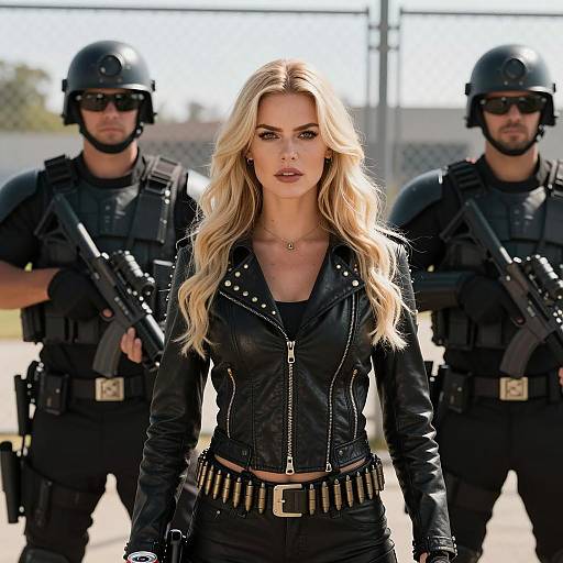 Intense Blonde in Leather Jacket with Guards