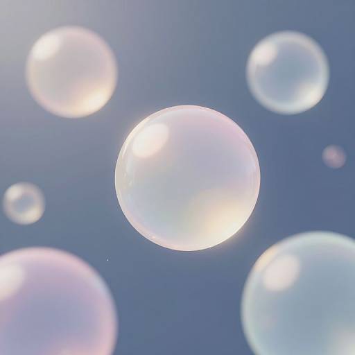 Photograph of seven translucent bubbles with iridescent reflections, floating against a clear blue background, creating a dreamy, ethereal effect.