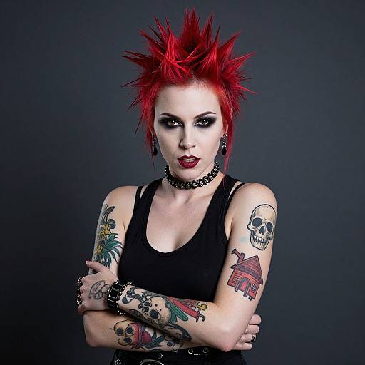 Tattooed punk woman with bright red spiked hair, dark lipstick, black tank top, choker, and arm tattoos, arms crossed, dark