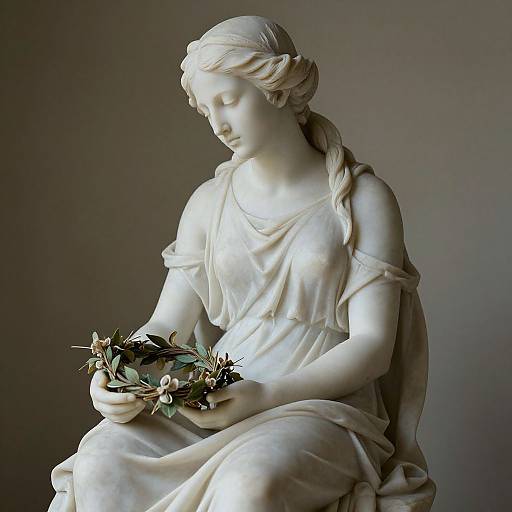 Photograph of a white marble statue of a serene, classical maiden with braided hair, holding a floral wreath, draped in a flowing garment,