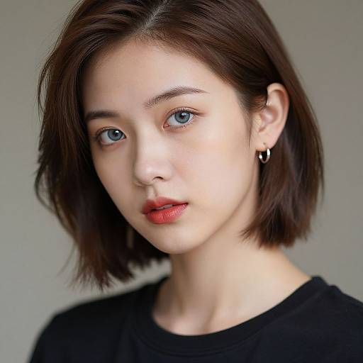 Photograph of a young Asian woman with fair skin, short brown hair, blue eyes, red lips, black shirt, and small hoop earrings.