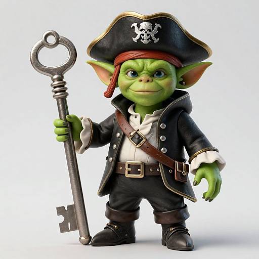 CGI image of a green goblin in a pirate outfit, holding a large key, with a black tricorn hat featuring a white skull emblem.