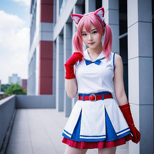 Female Anime Cosplayer with Pink Cat Ears