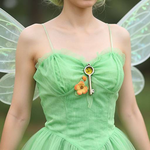 Photograph of a woman in a mint-green, spaghetti-strap dress with a key pendant, orange flower, and transparent fairy wings.
