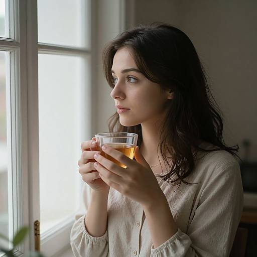 Photograph of a young woman with long, wavy brown hair, holding a glass of amber tea, gazing out a sunlit window. She