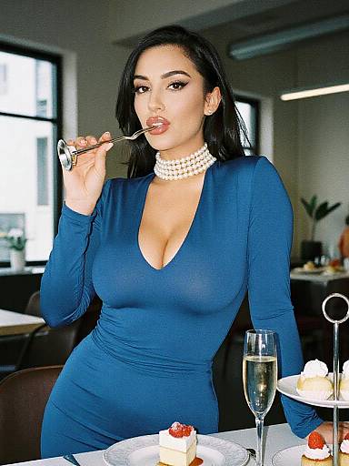 Photograph of a curvy woman with long black hair, wearing a deep blue, low-cut dress, pearl choker, and silver ring, s