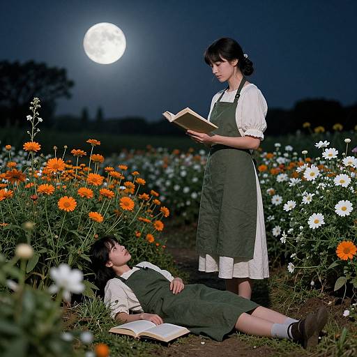 Photograph of two Asian girls in green dresses, white shirts, moonlit field with orange and white flowers, one reading, one lying down reading.