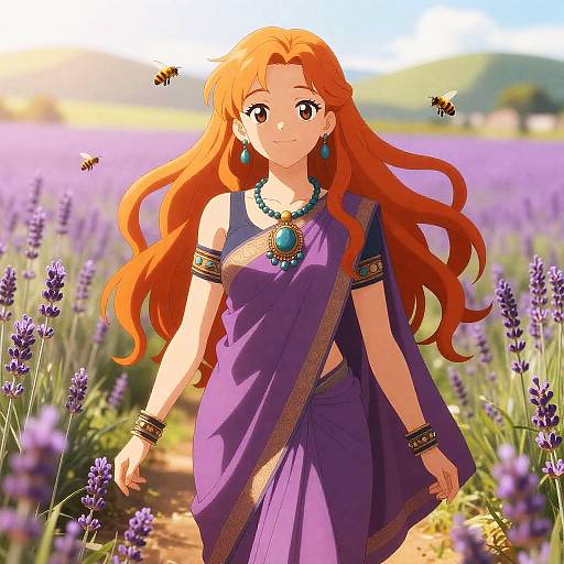 Anime Female in Sunlit Lavender Meadow
