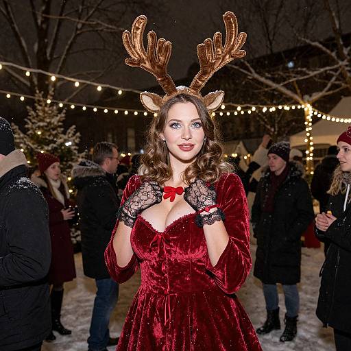 Photograph of a woman with curly brown hair, wearing a red velvet dress, reindeer antlers, and black lace gloves, standing outdoors at night