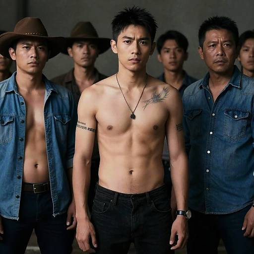 Serious Group of Men in Dimly Lit Room