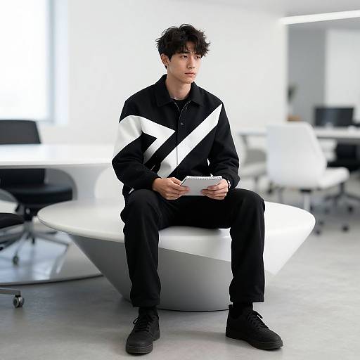 Photograph of a young man with curly black hair, wearing a black jacket with a white diagonal stripe, black pants, and black shoes, sitting on