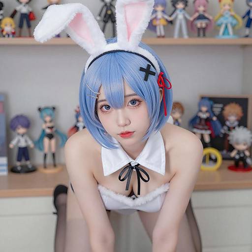Young Woman with Bunny Ears and Anime Figurines