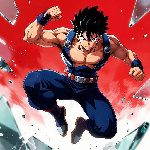 Digital anime-style drawing of muscular, black-haired Son Goku from Dragon Ball, mid-fight, with intense red background, shattered glass, and dynamic pose