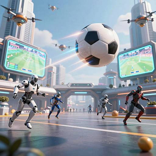 CGI image of futuristic street soccer match: robotic players in mid-air, black-and-white soccer ball, flying drones, city skyline with large screens.