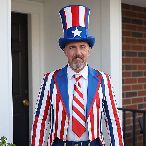 Middle-aged man with gray beard wearing a tall, striped top hat, red-white-blue striped suit, and matching tie, standing on a porch. Photograph