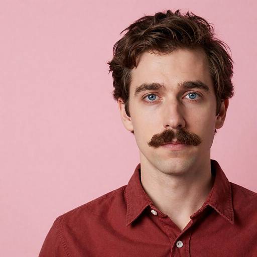 Portrait of Man with Mustache on Pink Background
