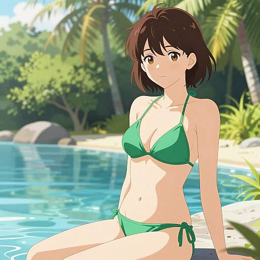 Anime woman in green bikini by tropical pool