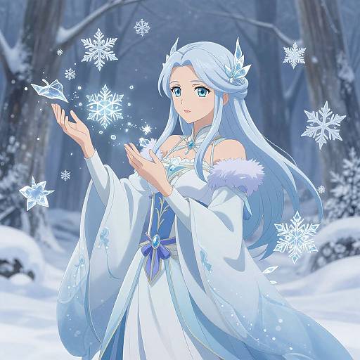 Anime-style digital illustration of a fair-skinned, blue-eyed woman with long white hair, wearing a snowy white kimono, conjuring snowflakes