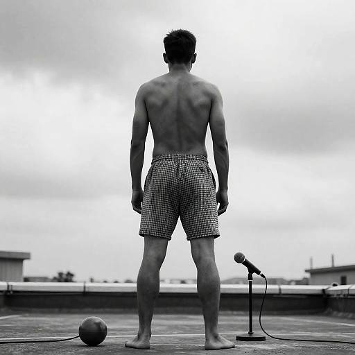Muscular Man on Rooftop in Black-and-White