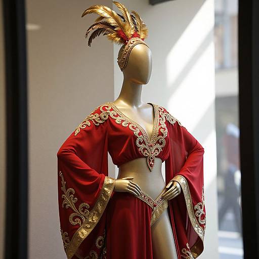 Photograph of a faceless, gold mannequin in an ornate, red, Renaissance-style dress with gold embroidery and a feathered headpiece