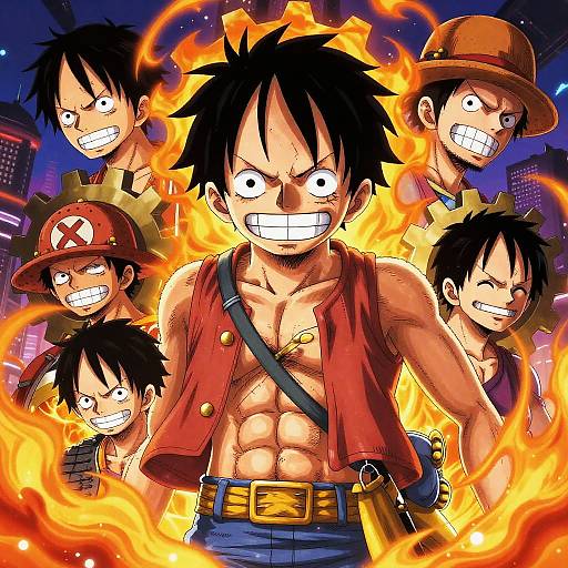 Digital anime artwork of six muscular, black-haired men with wide grins, surrounded by bright flames, wearing red shirts and hats.