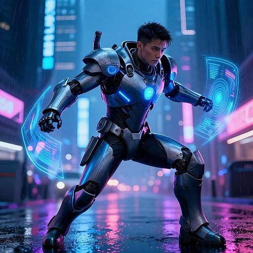 Cybernetic soldier with glowing blue holographic gauntlets, wearing metallic armor, crouches in a neon-lit, rainy city street