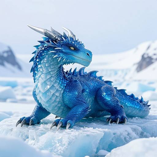 Photorealistic digital artwork of a vibrant blue, ice-covered dragon with white horns and scales, lying on snowy terrain, gazing intently to the