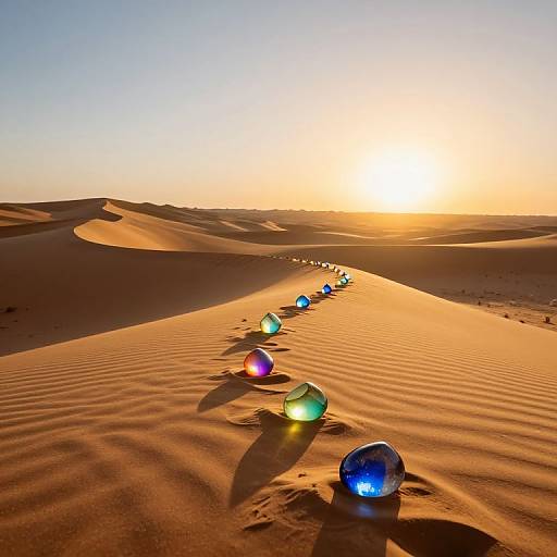 Photograph of glowing, multicolored spheres in a row on golden desert sand dunes at sunset, casting vibrant light reflections.