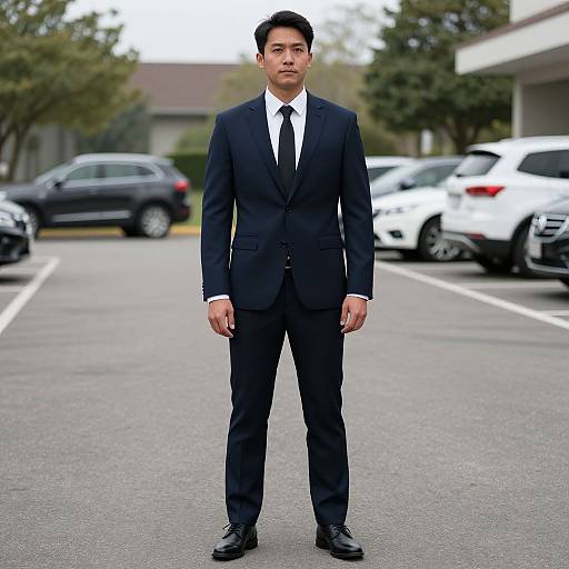 Photograph of an Asian man in a dark navy suit, white shirt, and black tie standing in a parking lot with parked cars and trees in the