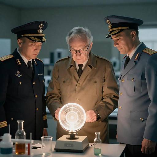Officers Inspect Glowing Artifact in Lab